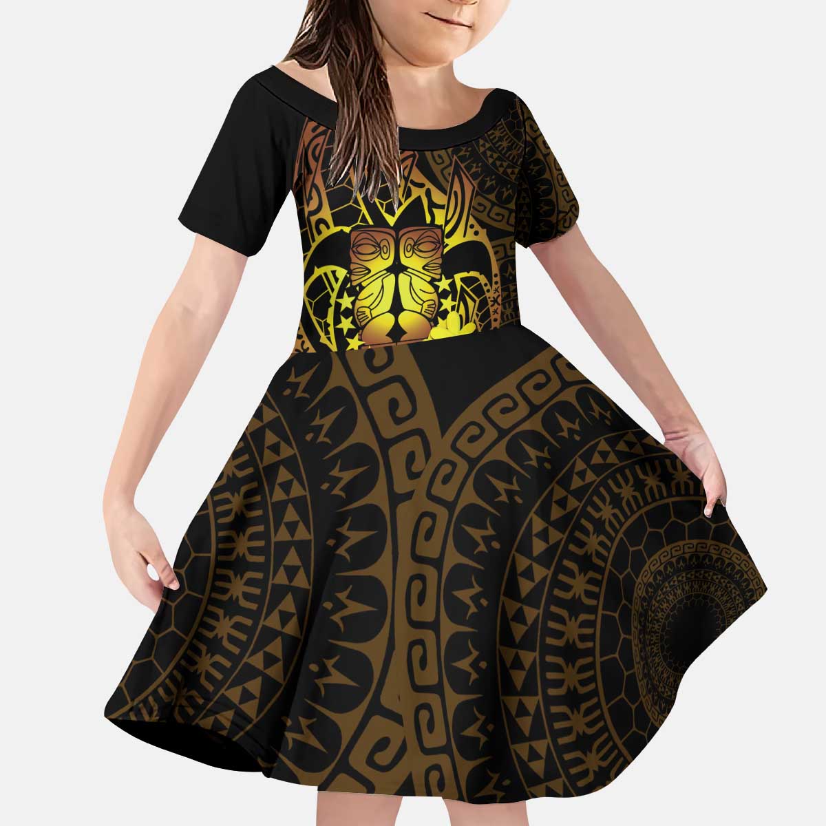 Kia Orana Kuki Airani Kid Short Sleeve Dress Cook Islands Tangaroa God Tatau Gold