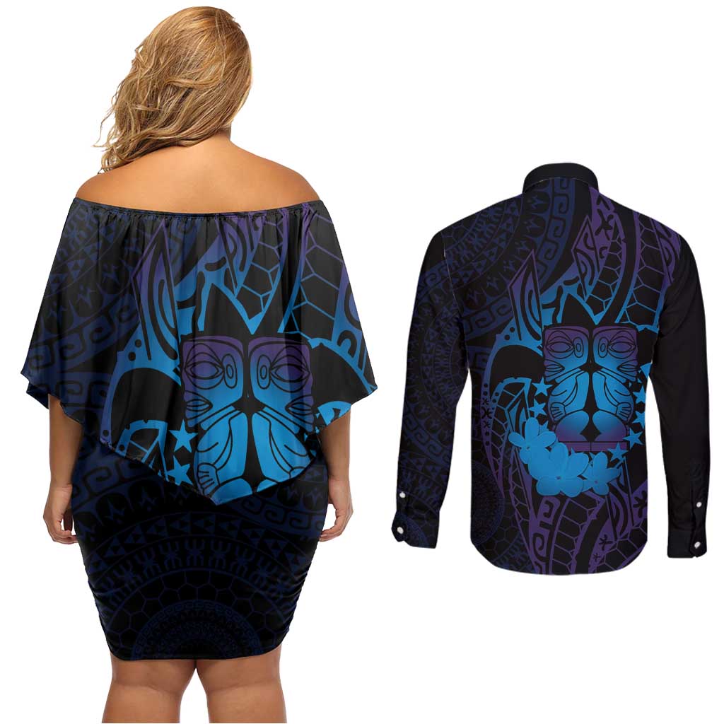 Kia Orana Kuki Airani Couples Matching Off Shoulder Short Dress and Long Sleeve Button Shirt Cook Islands Tangaroa God Tatau Purple