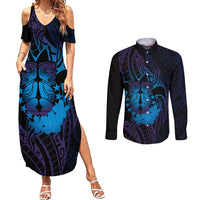 Kia Orana Kuki Airani Couples Matching Summer Maxi Dress and Long Sleeve Button Shirt Cook Islands Tangaroa God Tatau Purple