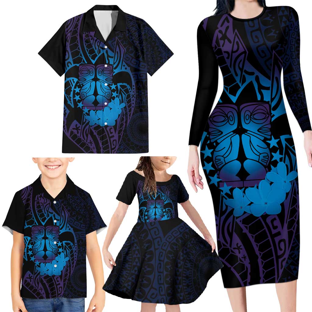 Kia Orana Kuki Airani Family Matching Long Sleeve Bodycon Dress and Hawaiian Shirt Cook Islands Tangaroa God Tatau Purple