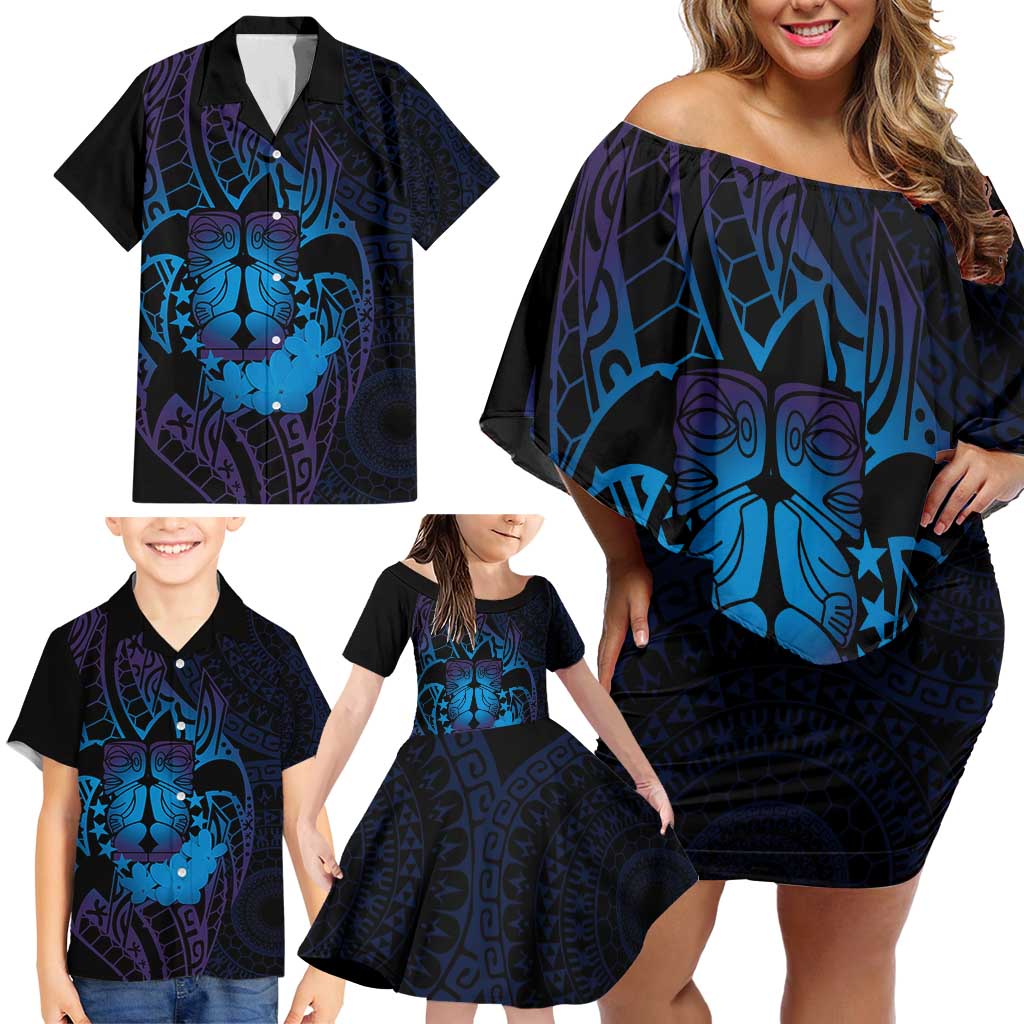 Kia Orana Kuki Airani Family Matching Off Shoulder Short Dress and Hawaiian Shirt Cook Islands Tangaroa God Tatau Purple