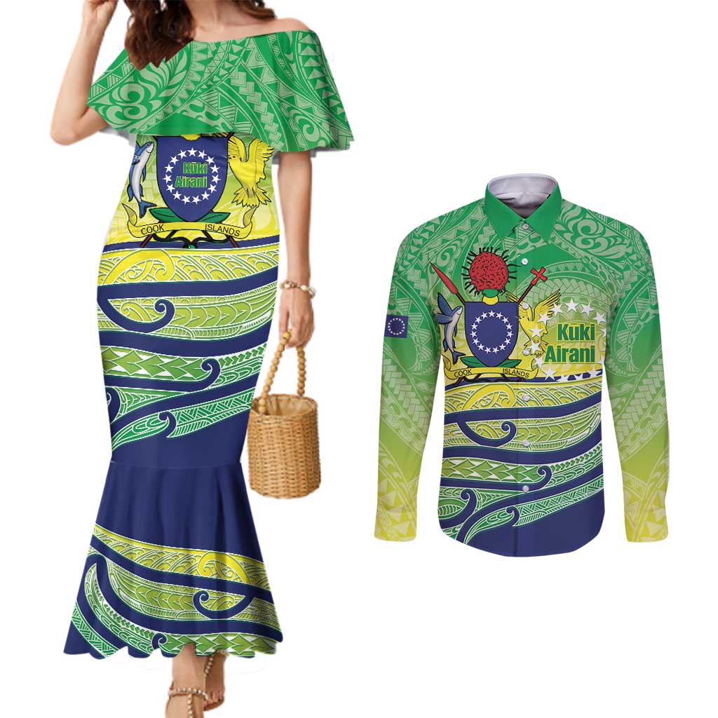 Te Maeva Nui Cook Islands Couples Matching Mermaid Dress and Long Sleeve Button Shirt 60th Independence Anniversary Proud
