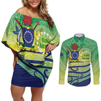 Te Maeva Nui Cook Islands Couples Matching Off Shoulder Short Dress and Long Sleeve Button Shirt 60th Independence Anniversary Proud