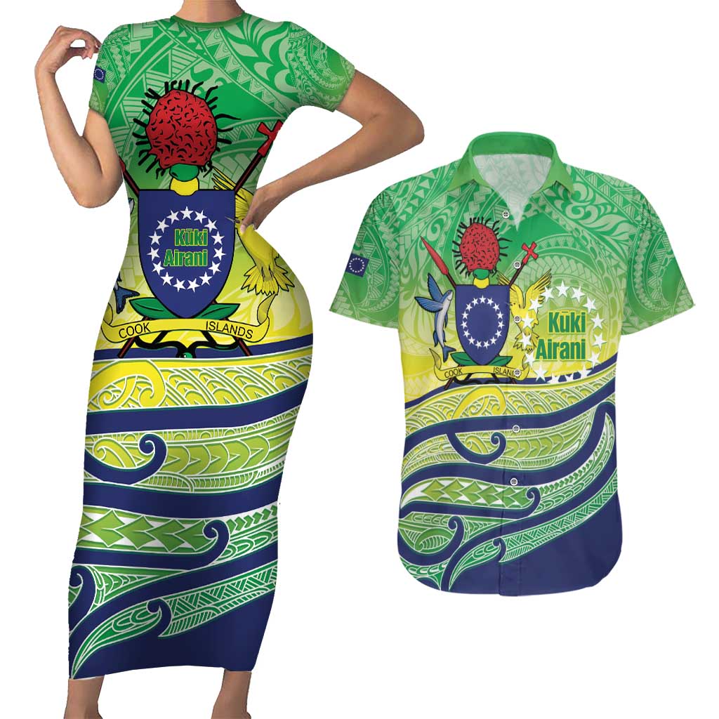 Te Maeva Nui Cook Islands Couples Matching Short Sleeve Bodycon Dress and Hawaiian Shirt 60th Independence Anniversary Proud