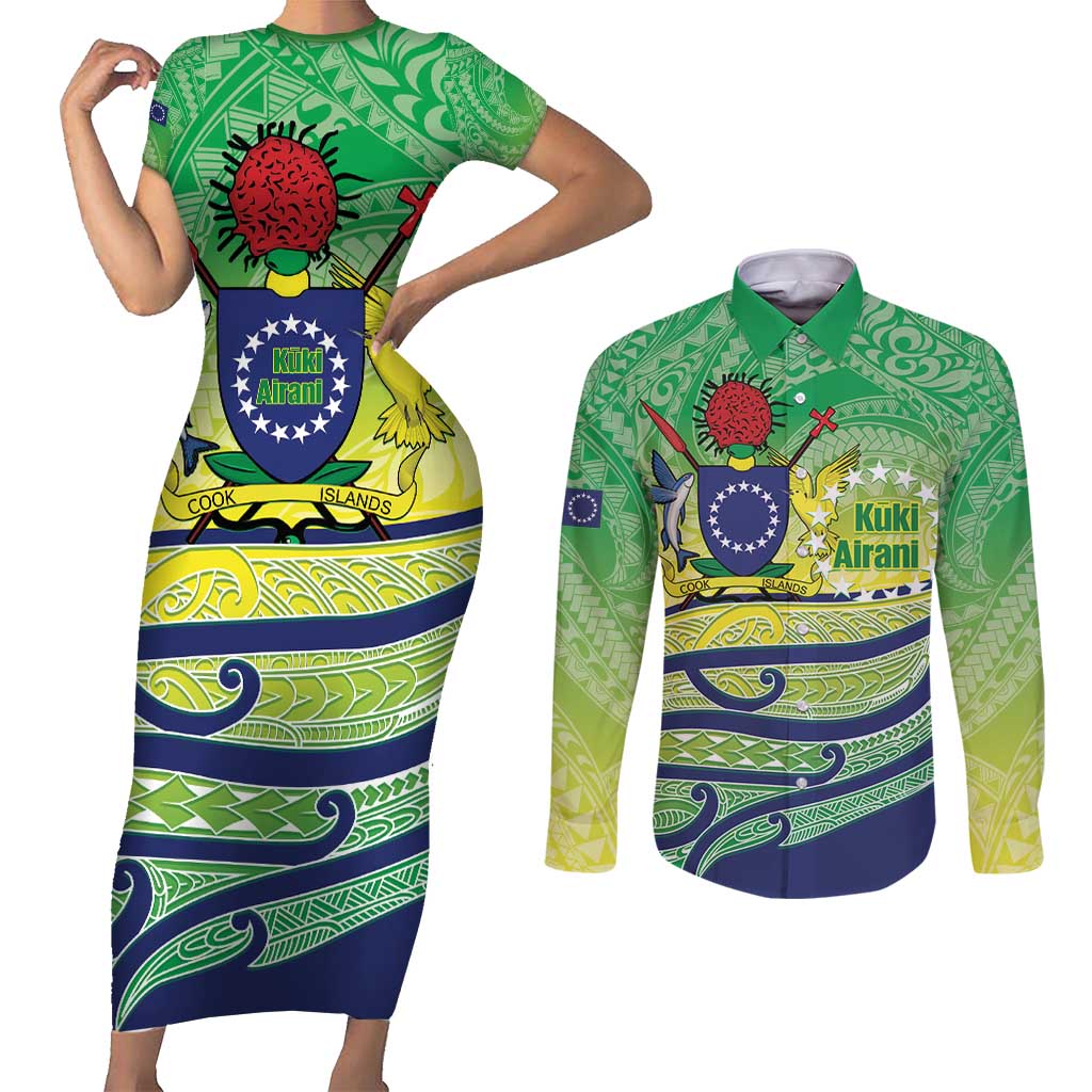 Te Maeva Nui Cook Islands Couples Matching Short Sleeve Bodycon Dress and Long Sleeve Button Shirt 60th Independence Anniversary Proud