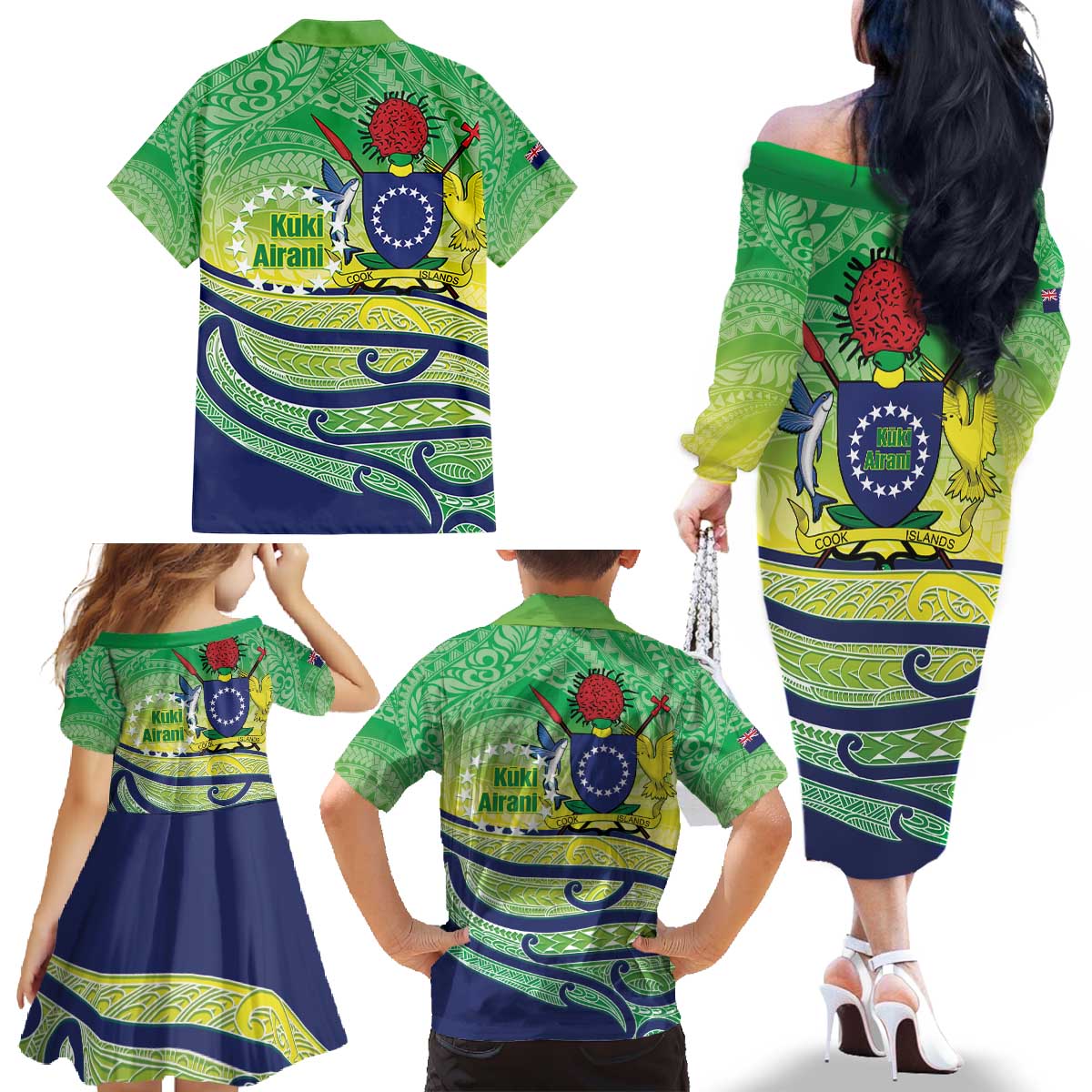 Te Maeva Nui Cook Islands Family Matching Off The Shoulder Long Sleeve Dress and Hawaiian Shirt 60th Independence Anniversary Proud