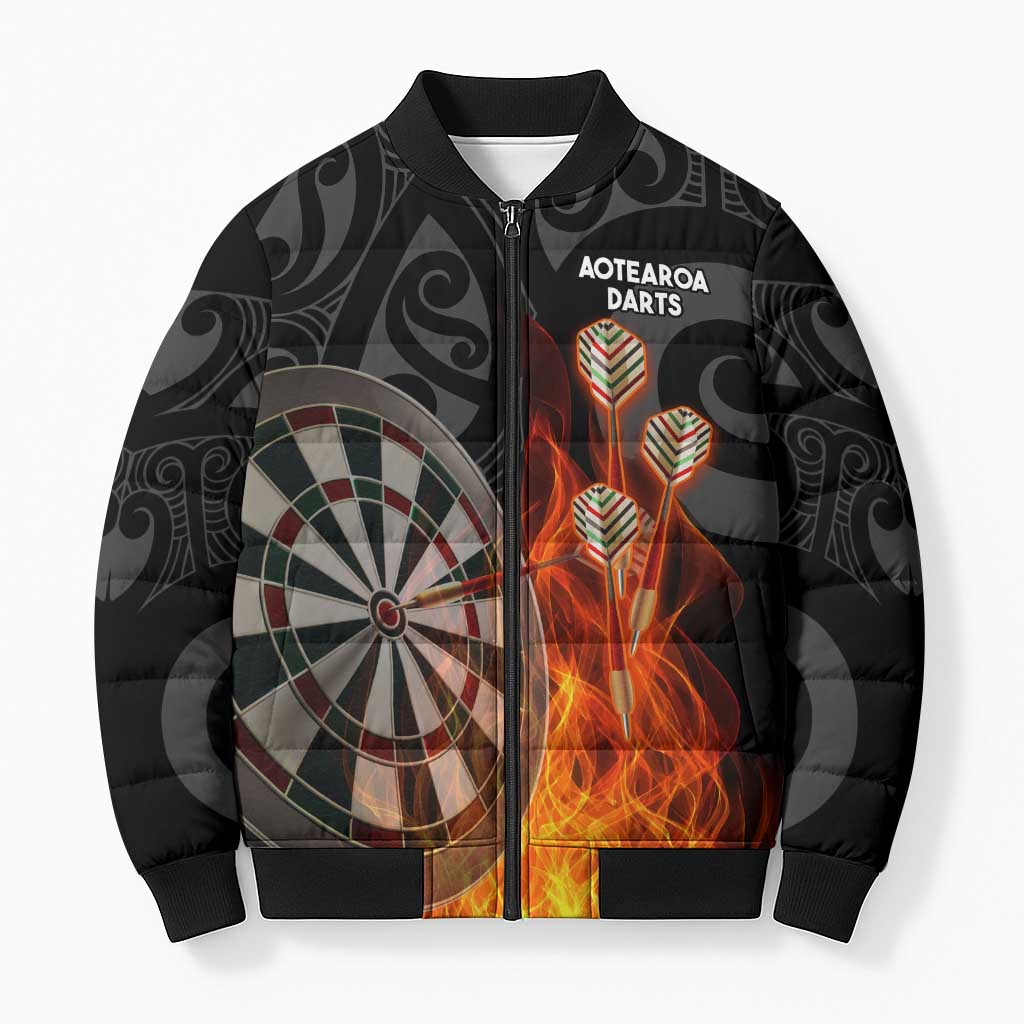 Personalised Aotearoa Darts Bomber Puffer Jacket Maori Koru Flaming Dartboard - Polynesian Pride