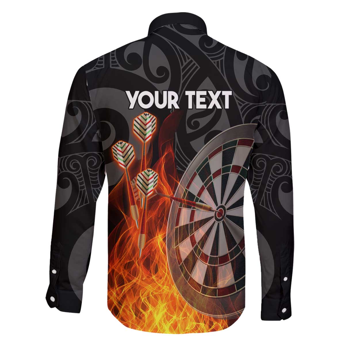 Personalised Aotearoa Darts Family Matching Off The Shoulder Long Sleeve Dress and Hawaiian Shirt Maori Koru Flaming Dartboard