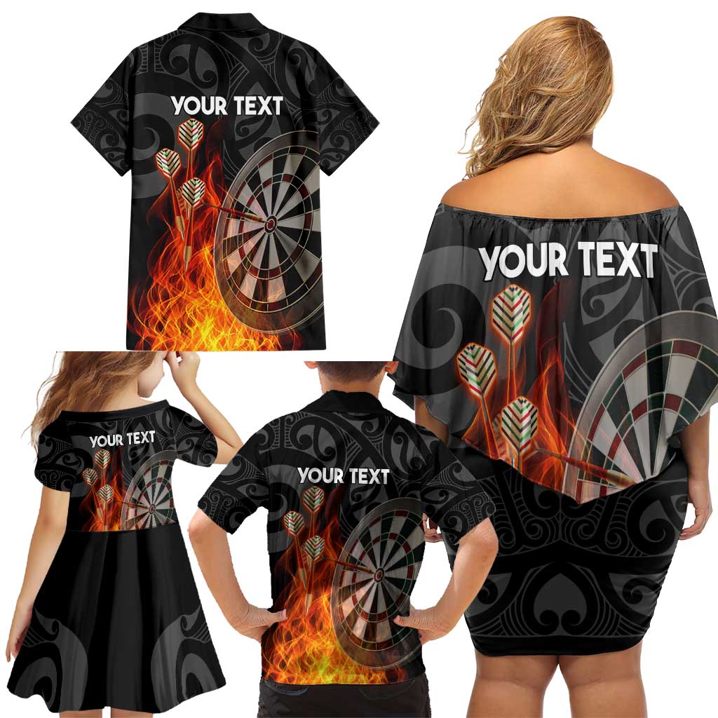 Personalised Aotearoa Darts Family Matching Off Shoulder Short Dress and Hawaiian Shirt Maori Koru Flaming Dartboard