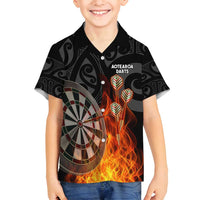 Personalised Aotearoa Darts Family Matching Off Shoulder Short Dress and Hawaiian Shirt Maori Koru Flaming Dartboard