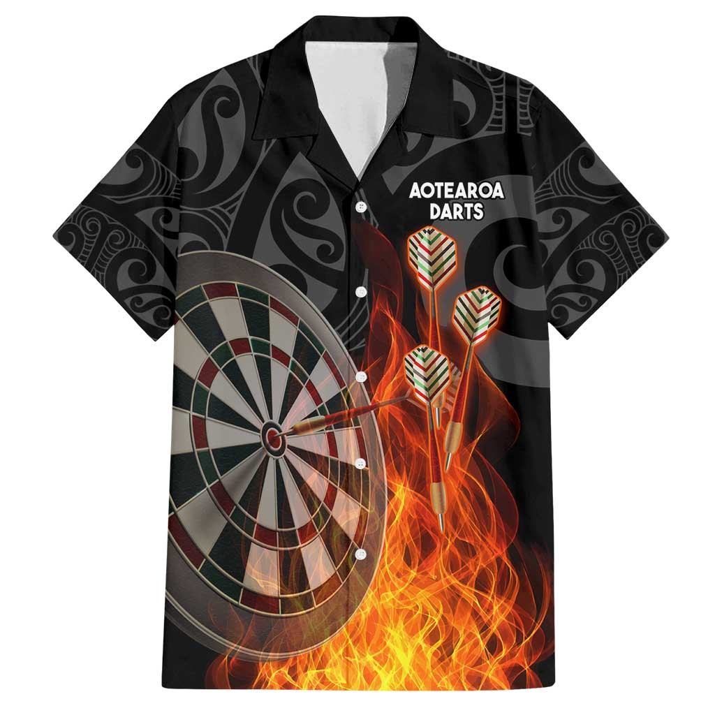 Personalised Aotearoa Darts Family Matching Puletasi and Hawaiian Shirt Maori Koru Flaming Dartboard LT14 Dad's Shirt - Short Sleeve Black - Polynesian Pride
