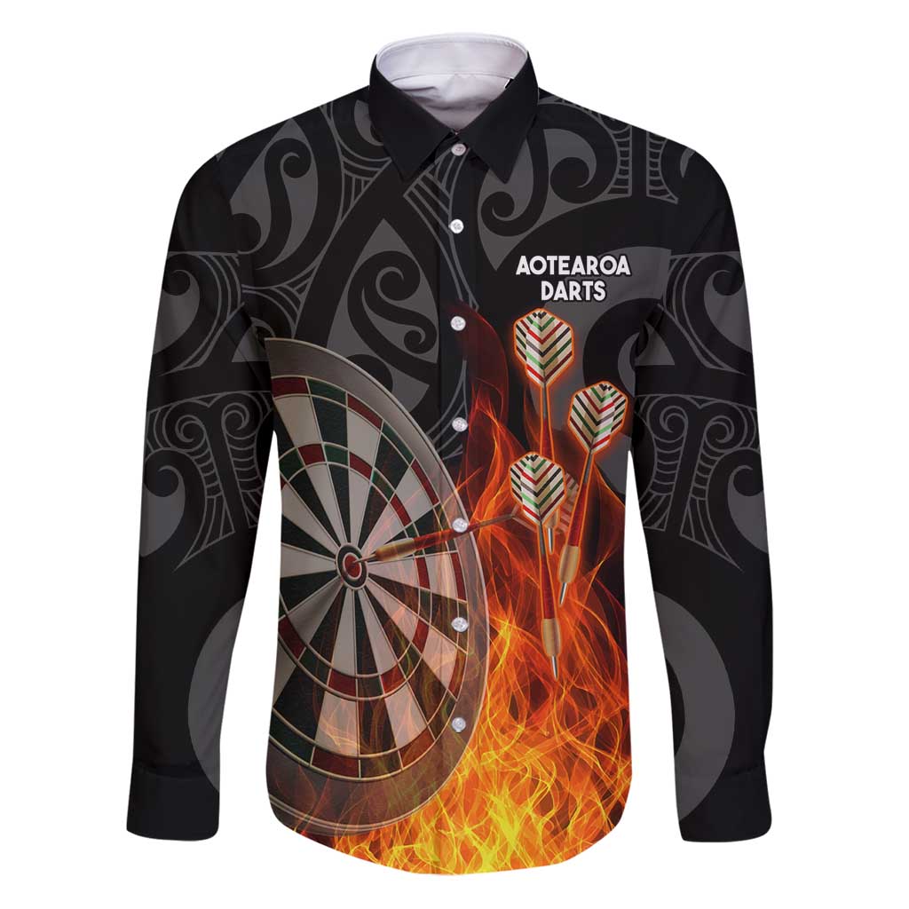 Personalised Aotearoa Darts Family Matching Puletasi and Hawaiian Shirt Maori Koru Flaming Dartboard LT14 Dad's Shirt - Long Sleeve Black - Polynesian Pride