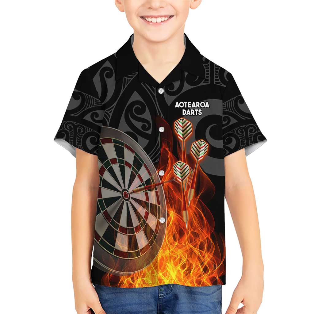 Personalised Aotearoa Darts Family Matching Short Sleeve Bodycon Dress and Hawaiian Shirt Maori Koru Flaming Dartboard LT14 Son's Shirt Black - Polynesian Pride
