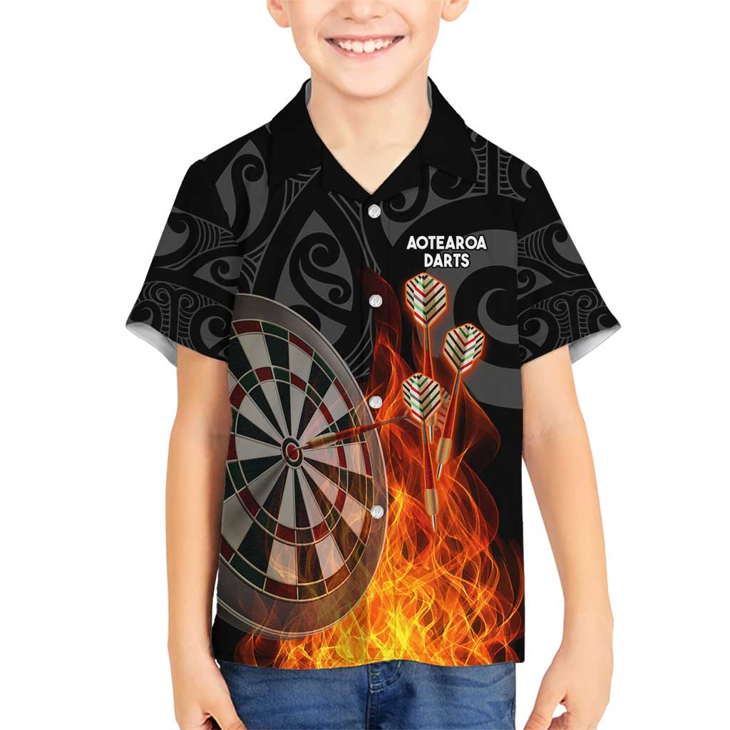 Personalised Aotearoa Darts Family Matching Tank Maxi Dress and Hawaiian Shirt Maori Koru Flaming Dartboard LT14 Son's Shirt Black - Polynesian Pride