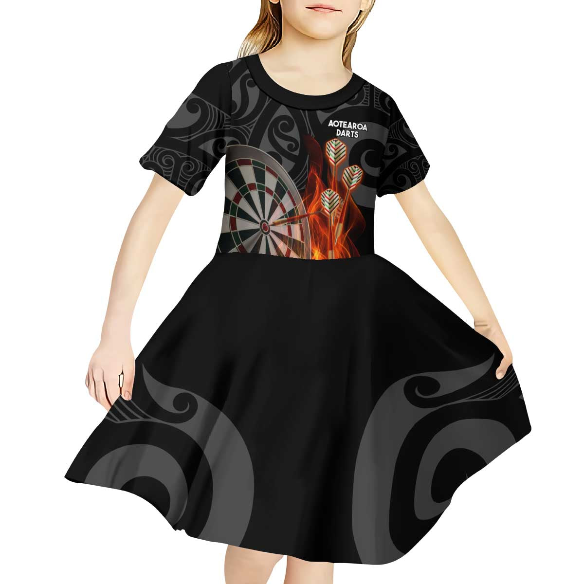 Personalised Aotearoa Darts Kid Short Sleeve Dress Maori Koru Flaming Dartboard