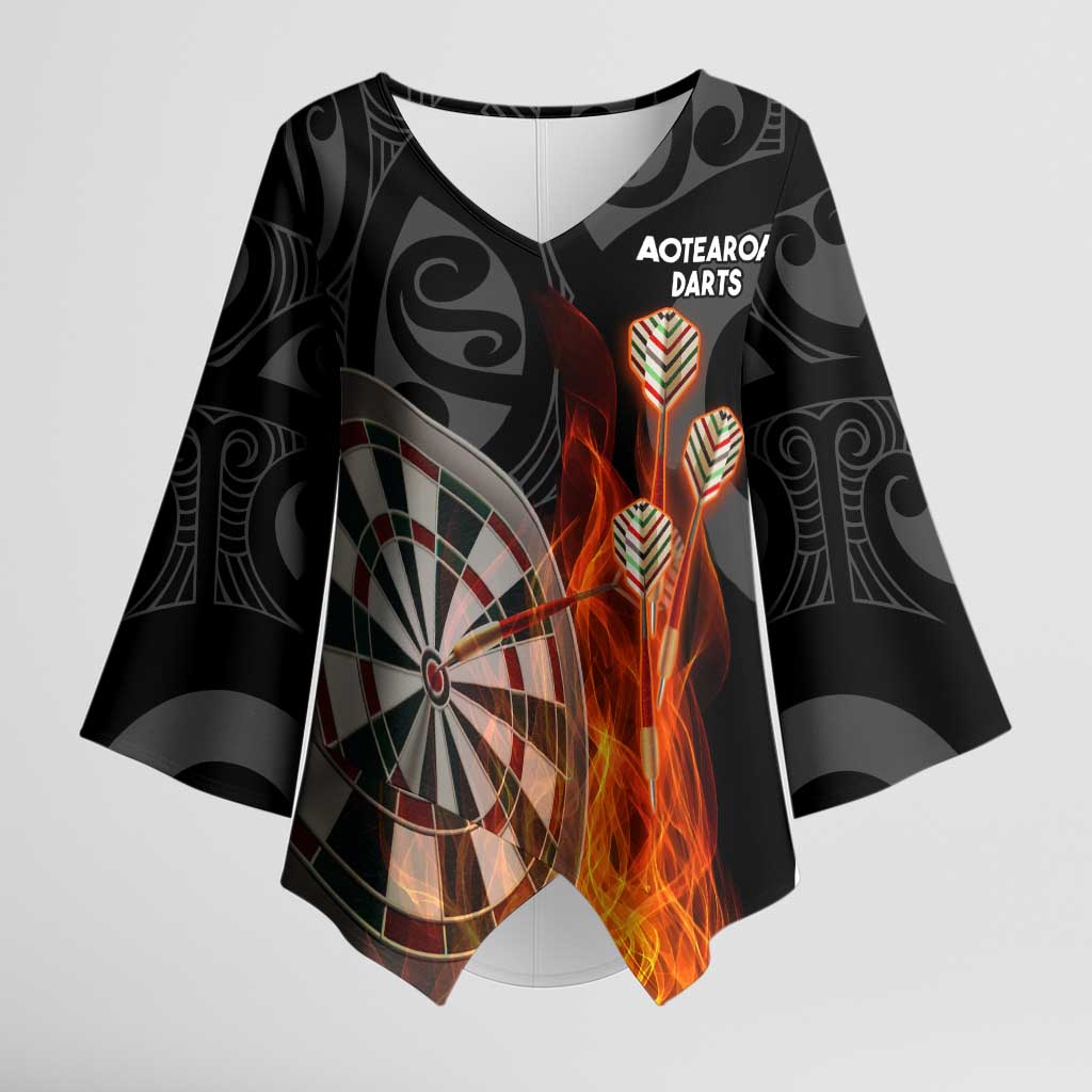 Personalised Aotearoa Darts Kimono Sleeve Blouse Maori Koru Flaming Dartboard - Polynesian Pride
