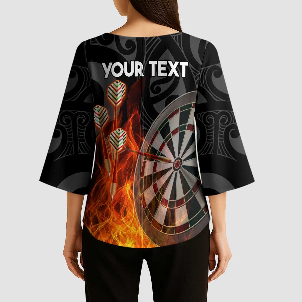 Personalised Aotearoa Darts Kimono Sleeve Blouse Maori Koru Flaming Dartboard - Polynesian Pride