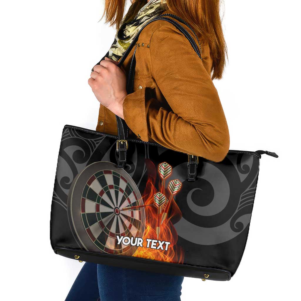 Personalised Aotearoa Darts Leather Tote Bag Maori Koru Flaming Dartboard LT14 Black - Polynesian Pride