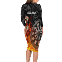 Personalised Aotearoa Darts Long Sleeve Bodycon Dress Maori Koru Flaming Dartboard