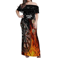 Personalised Aotearoa Darts Off Shoulder Maxi Dress Maori Koru Flaming Dartboard