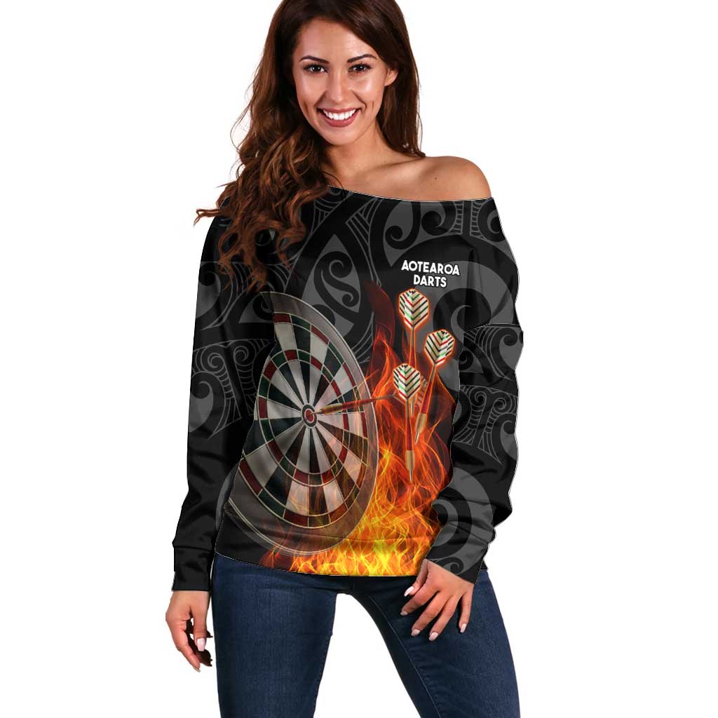 Personalised Aotearoa Darts Off Shoulder Sweater Maori Koru Flaming Dartboard