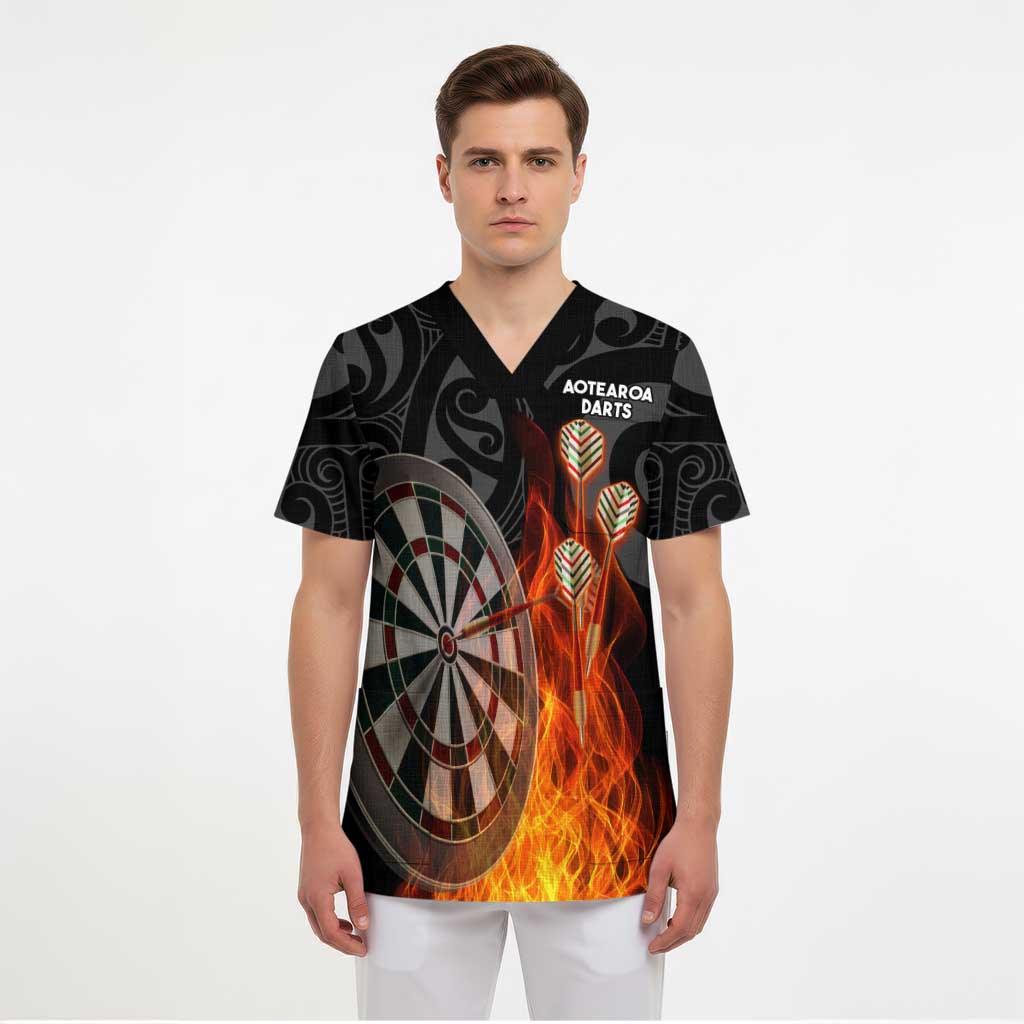 Personalised Aotearoa Darts Scrub Top Maori Koru Flaming Dartboard - Polynesian Pride