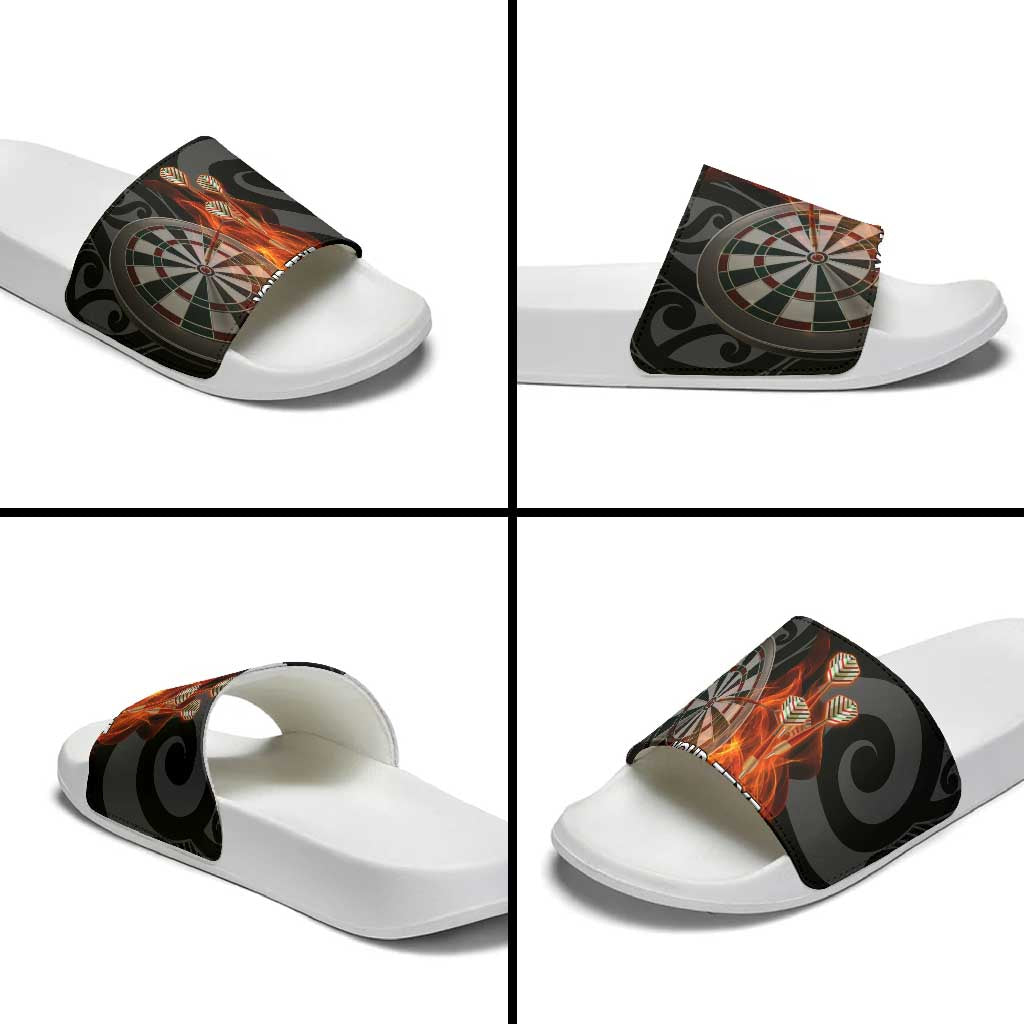 Personalised Aotearoa Darts Slide Sandals Maori Koru Flaming Dartboard - Polynesian Pride