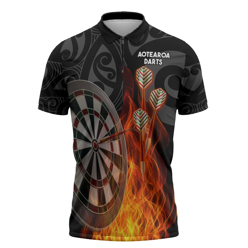 Personalised Aotearoa Darts Zipper Polo Shirt Maori Koru Flaming Dartboard - Polynesian Pride