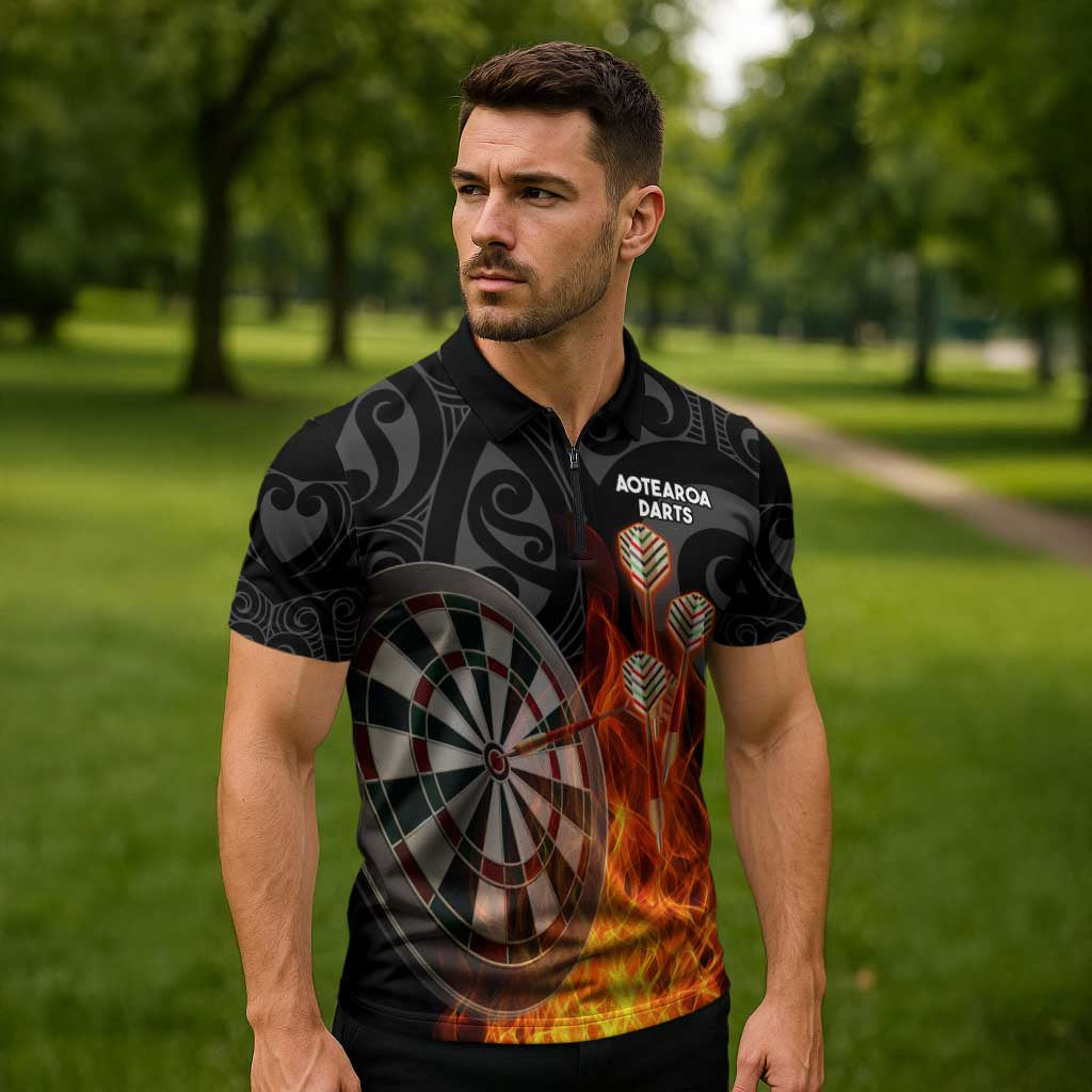 Personalised Aotearoa Darts Zipper Polo Shirt Maori Koru Flaming Dartboard - Polynesian Pride