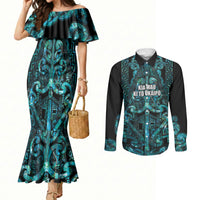 Maori Language Week Personalised Couples Matching Mermaid Dress and Long Sleeve Button Shirt Kia Mau Ki To Ukaipo Paua Shell Color LT14 Turquoise - Polynesian Pride