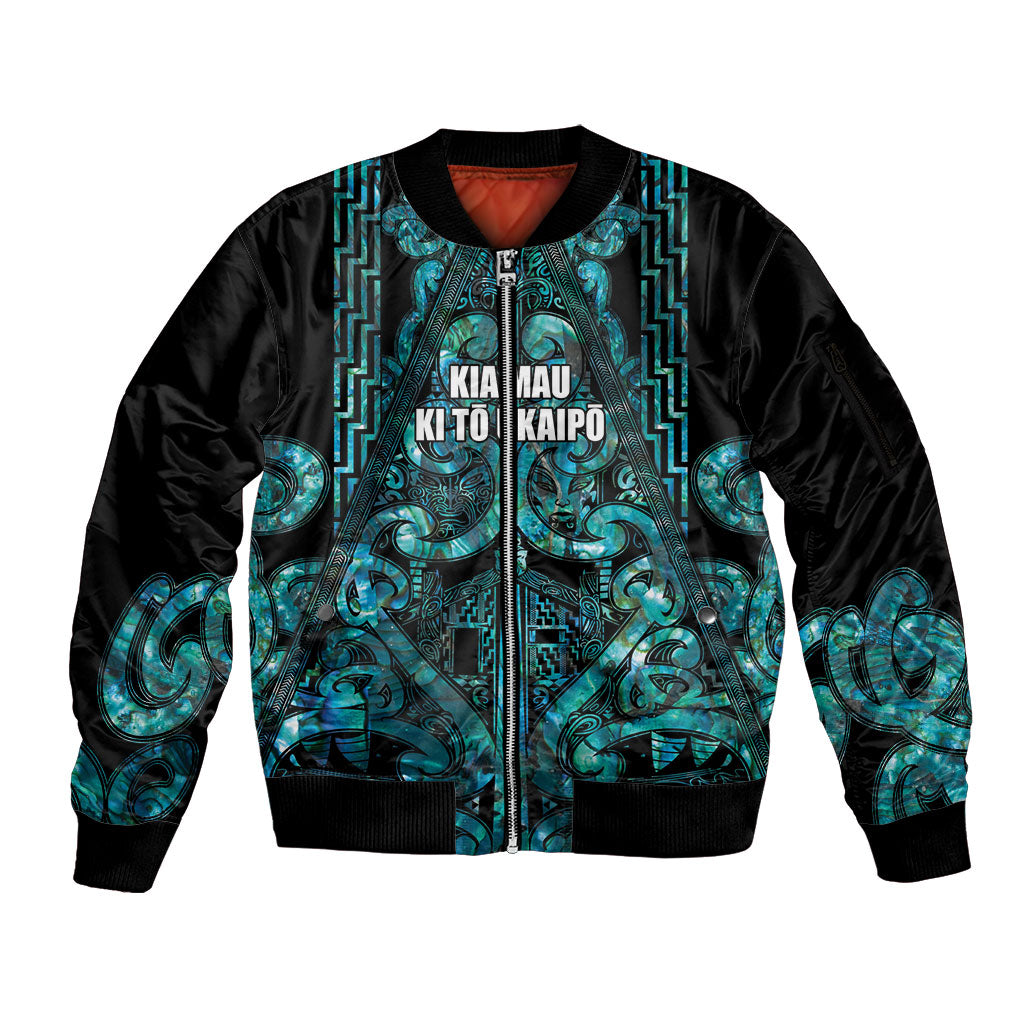 Maori Language Week Personalised Sleeve Zip Bomber Jacket Kia Mau Ki To Ukaipo Paua Shell Color LT14 Unisex Turquoise - Polynesian Pride