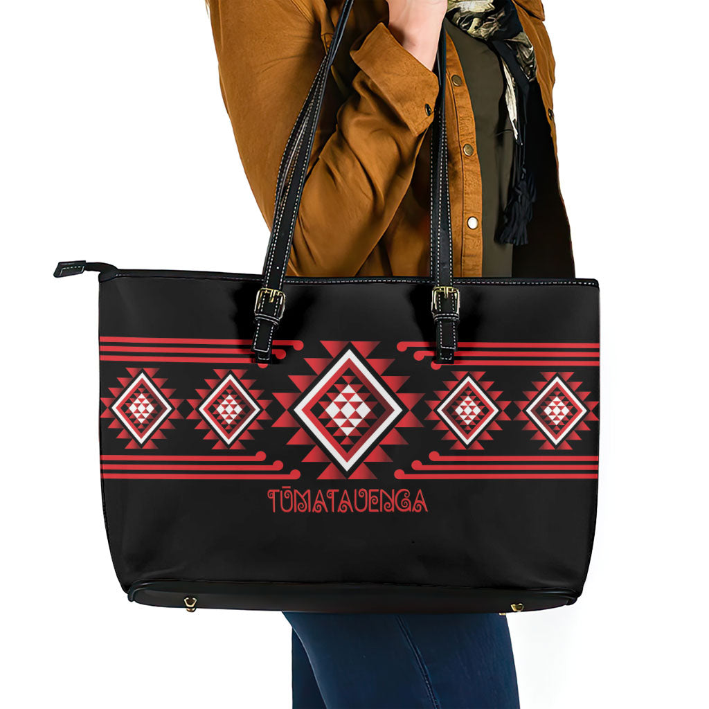 Aotearoa Atua Tumatauenga Leather Tote Bag Maori God Of War Taniko Motifs LT14 - Polynesian Pride