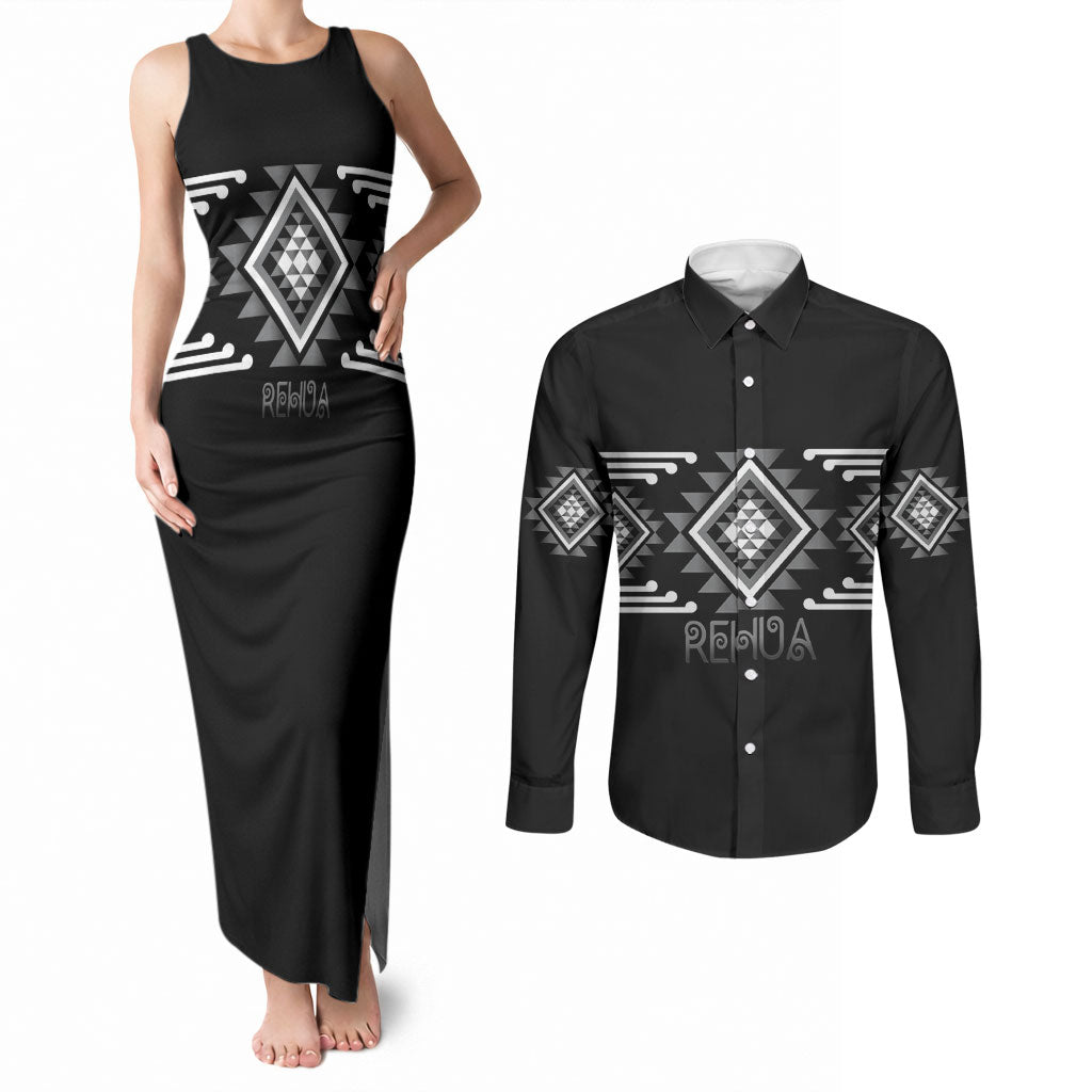 Aotearoa Atua Rehua Personalised Couples Matching Tank Maxi Dress and Long Sleeve Button Shirt Maori God Of Healing Taniko Motifs LT14 Grey - Polynesian Pride
