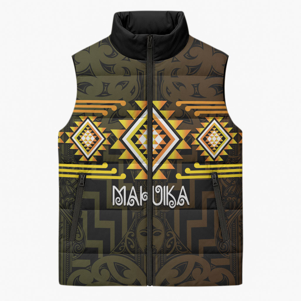Aotearoa Atua Mahuika Personalised Sleeveless Puffer Jacket Maori Goddess Of Fire Taniko Motifs LT14 Unisex Yellow - Polynesian Pride