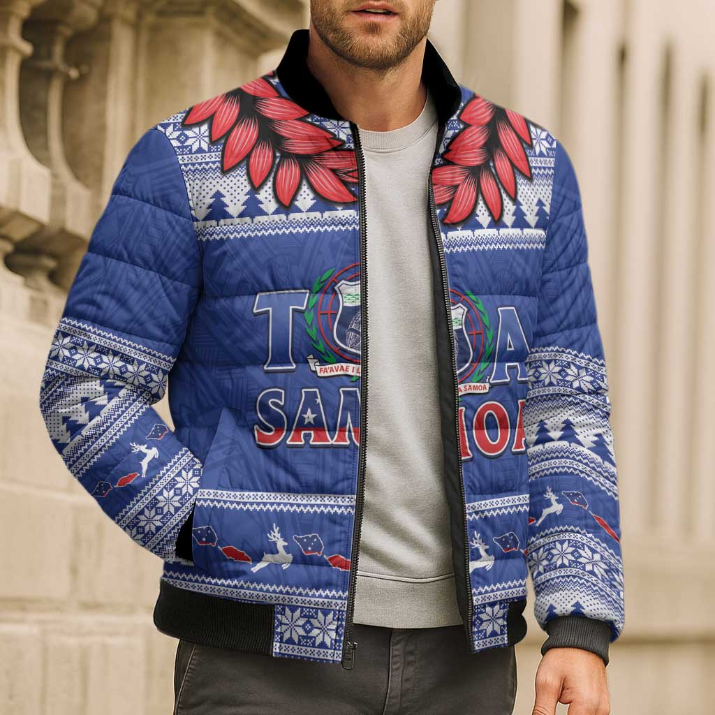 Personalised Toa Samoa Rugby Christmas Bomber Puffer Jacket Ula Fala Samoan Pattern Blue - Polynesian Pride