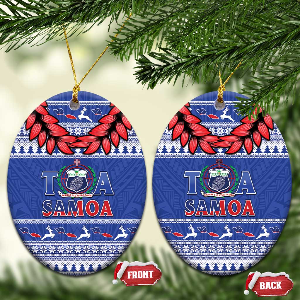 Toa Samoa Rugby Christmas Ceramic Ornament Ula Fala Samoan Pattern Blue - Polynesian Pride