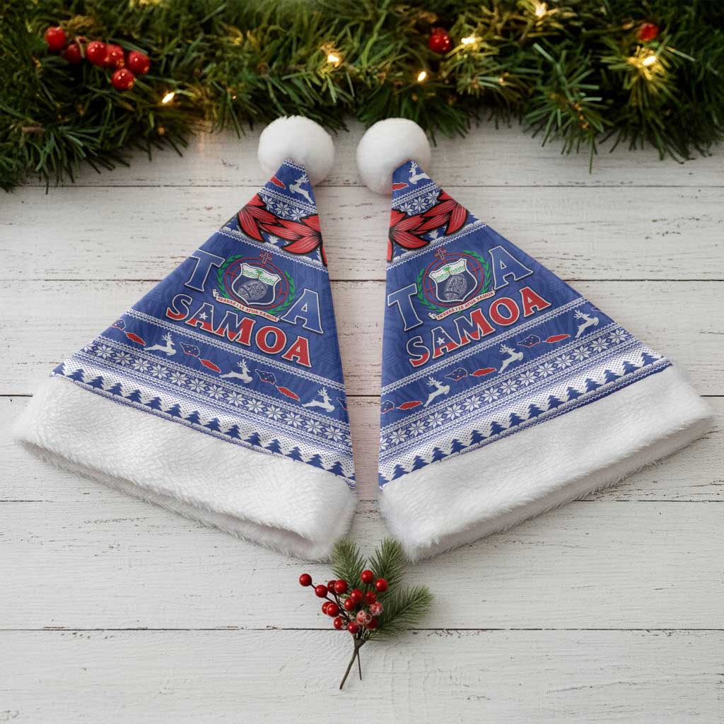 Toa Samoa Rugby Christmas Santa Hat Ula Fala Samoan Pattern Blue - Polynesian Pride
