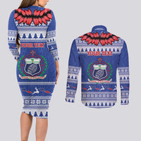 Personalised Toa Samoa Rugby Christmas Couples Matching Long Sleeve Bodycon Dress and Long Sleeve Button Shirt Ula Fala Samoan Pattern Blue - Polynesian Pride
