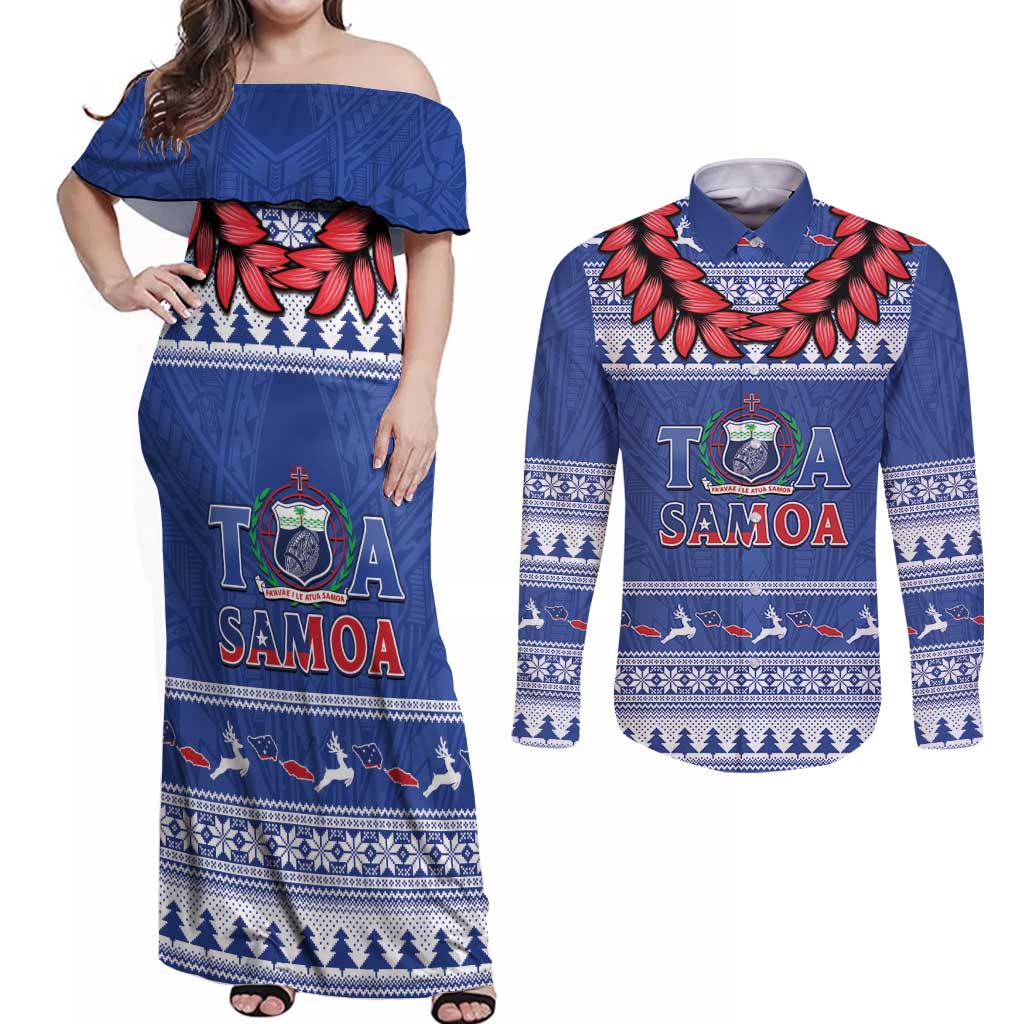Personalised Toa Samoa Rugby Christmas Couples Matching Off Shoulder Maxi Dress and Long Sleeve Button Shirt Ula Fala Samoan Pattern Blue - Polynesian Pride
