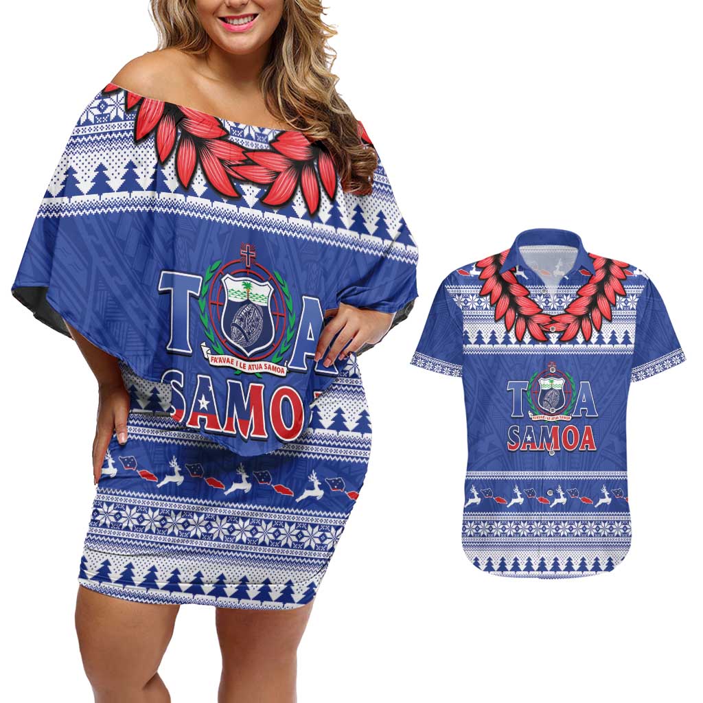 Personalised Toa Samoa Rugby Christmas Couples Matching Off Shoulder Short Dress and Hawaiian Shirt Ula Fala Samoan Pattern Blue - Polynesian Pride