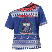 Personalised Toa Samoa Rugby Christmas Cross Shoulder Shirt Ula Fala Samoan Pattern Blue - Polynesian Pride