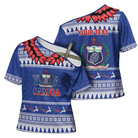 Personalised Toa Samoa Rugby Christmas Cross Shoulder Shirt Ula Fala Samoan Pattern Blue - Polynesian Pride