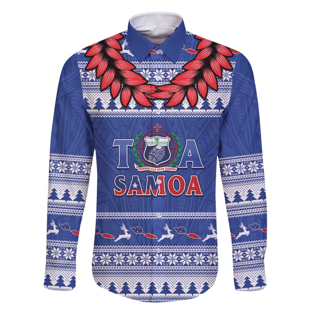Personalised Toa Samoa Rugby Christmas Family Matching Long Sleeve Bodycon Dress and Hawaiian Shirt Ula Fala Samoan Pattern Blue - Polynesian Pride