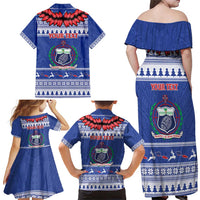 Personalised Toa Samoa Rugby Christmas Family Matching Off Shoulder Maxi Dress and Hawaiian Shirt Ula Fala Samoan Pattern Blue - Polynesian Pride