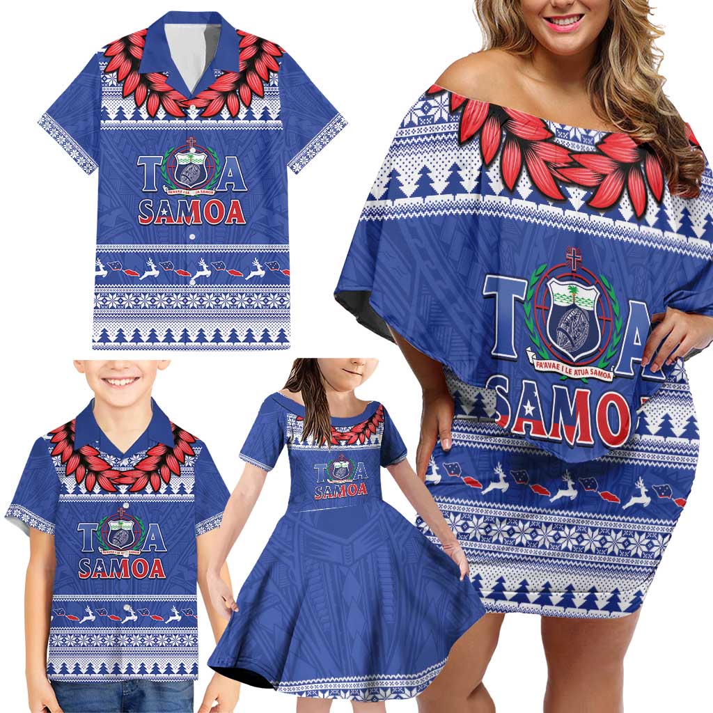 Personalised Toa Samoa Rugby Christmas Family Matching Off Shoulder Short Dress and Hawaiian Shirt Ula Fala Samoan Pattern Blue - Polynesian Pride