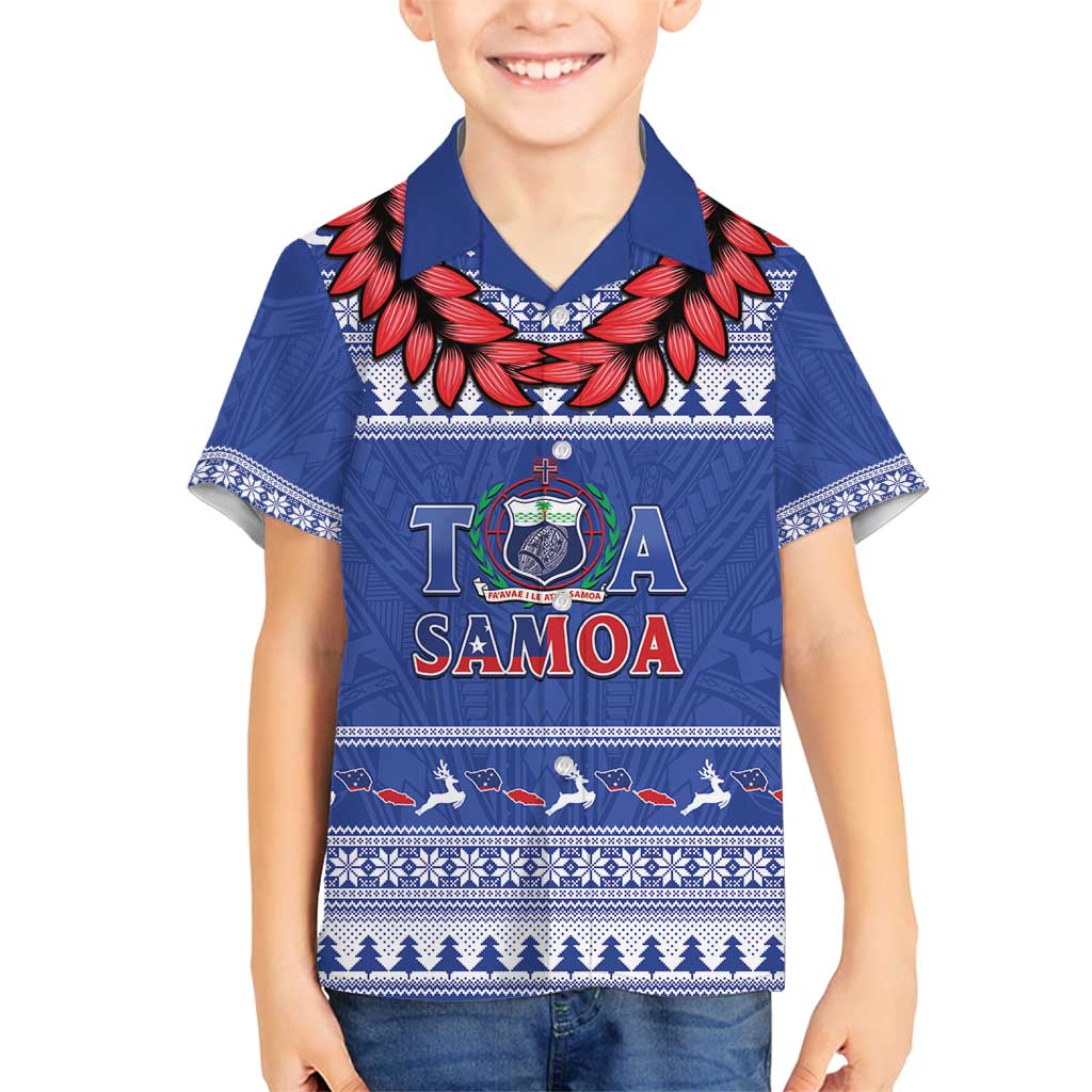 Personalised Toa Samoa Rugby Christmas Family Matching Off Shoulder Short Dress and Hawaiian Shirt Ula Fala Samoan Pattern Blue - Polynesian Pride