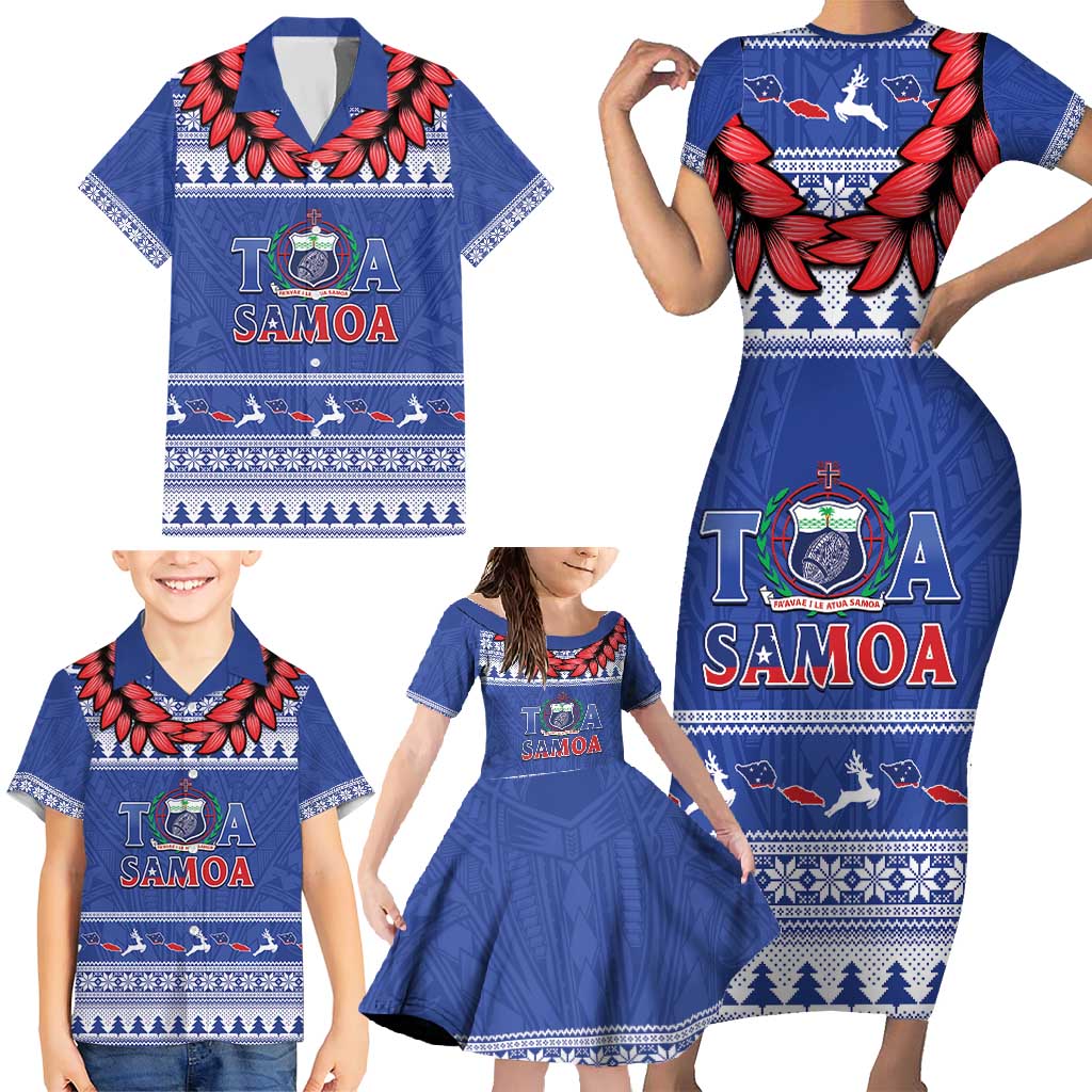 Personalised Toa Samoa Rugby Christmas Family Matching Short Sleeve Bodycon Dress and Hawaiian Shirt Ula Fala Samoan Pattern Blue - Polynesian Pride