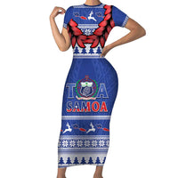 Personalised Toa Samoa Rugby Christmas Family Matching Short Sleeve Bodycon Dress and Hawaiian Shirt Ula Fala Samoan Pattern Blue - Polynesian Pride