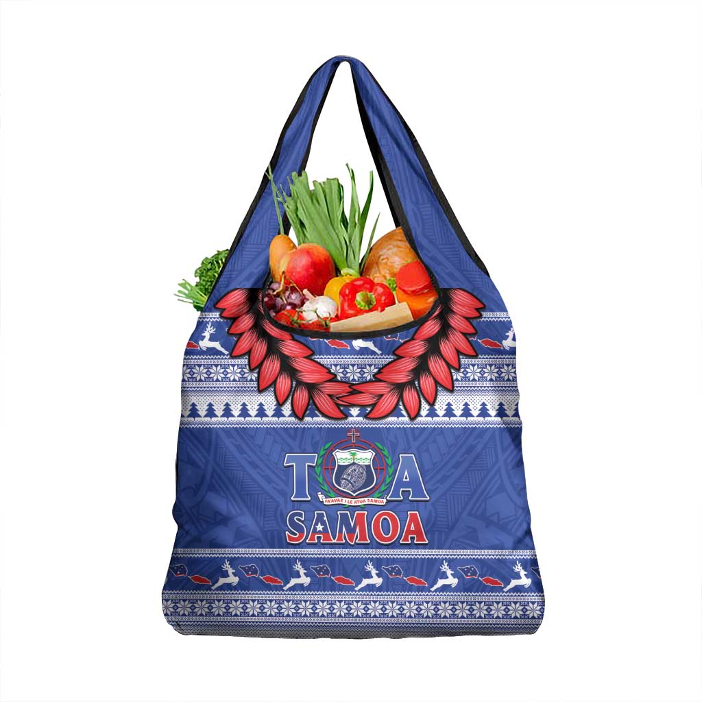 Toa Samoa Rugby Christmas Grocery Bag Ula Fala Samoan Pattern Blue - Polynesian Pride