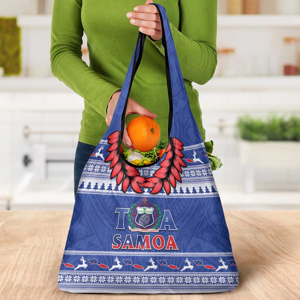 Toa Samoa Rugby Christmas Grocery Bag Ula Fala Samoan Pattern Blue - Polynesian Pride